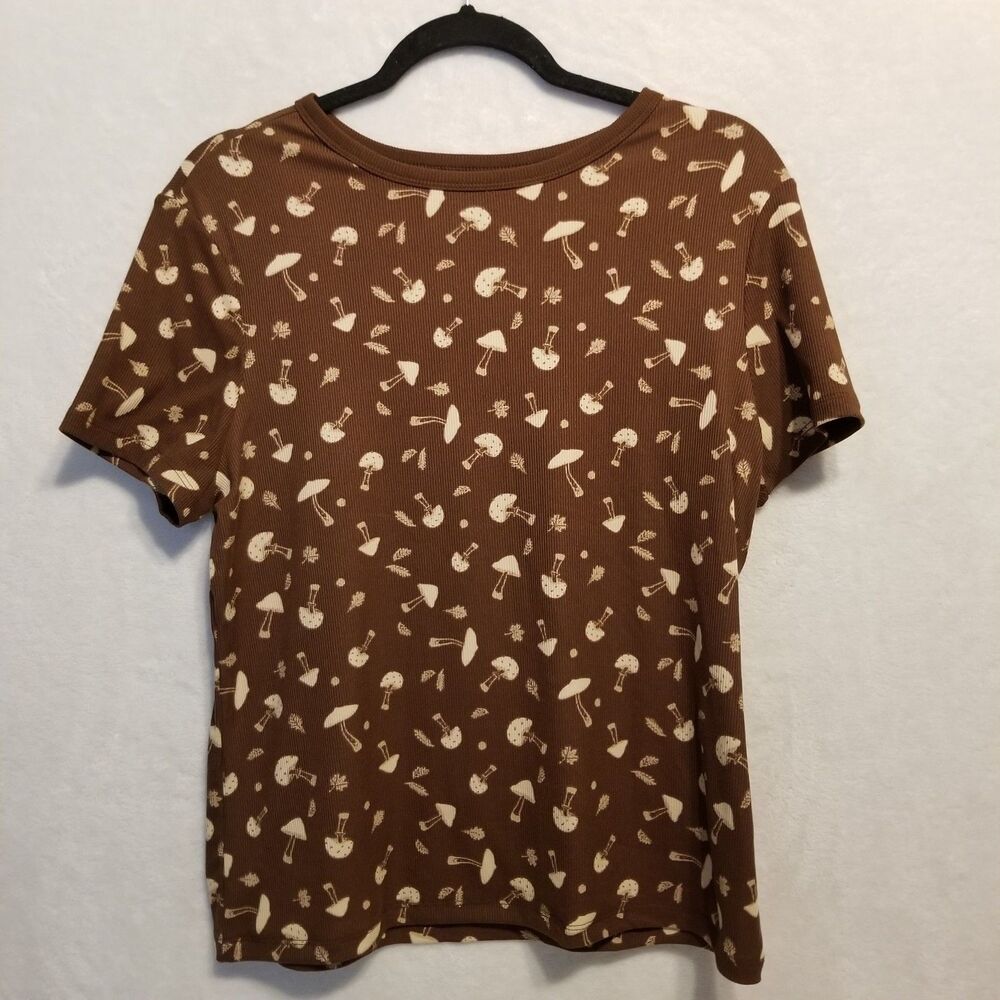 Juniors XL T Shirt Brown Mushroom Ribbed Stretchy Whimsy Woodland Fairy Gremlin